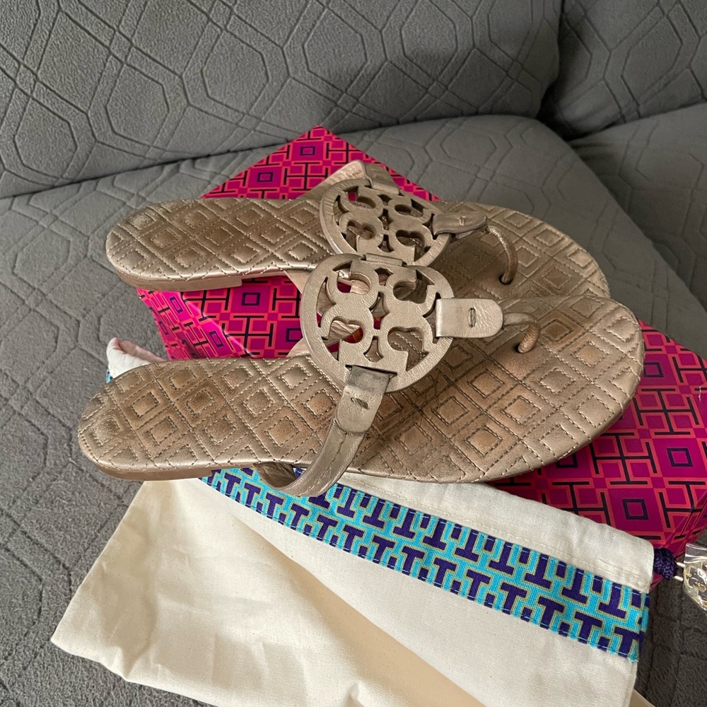 Tory Burch Gold Logo Sandals - Picture 2 of 3